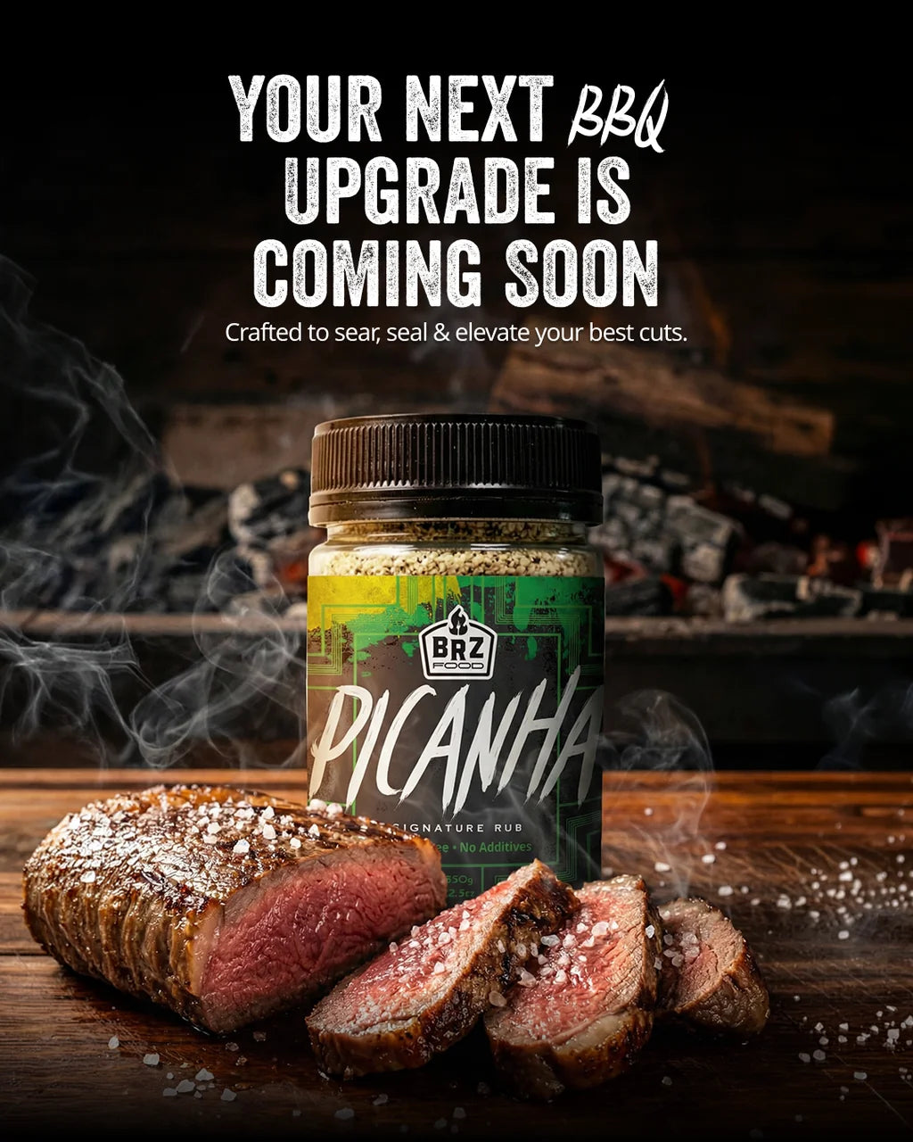 BRZ Food Picanha Seasoning beside perfectly cooked sliced picanha steak with a rich crust and juicy centre on a wooden board.
