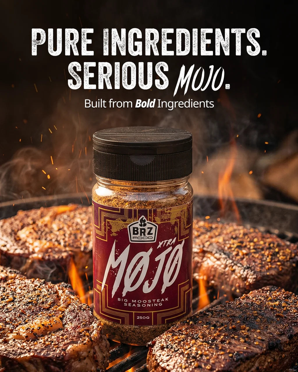 BRZ Food Xtra Mojo Steak Seasoning served with grilled steak, chicken, seafood and vegetables showcasing its versatility for barbecue cooking.