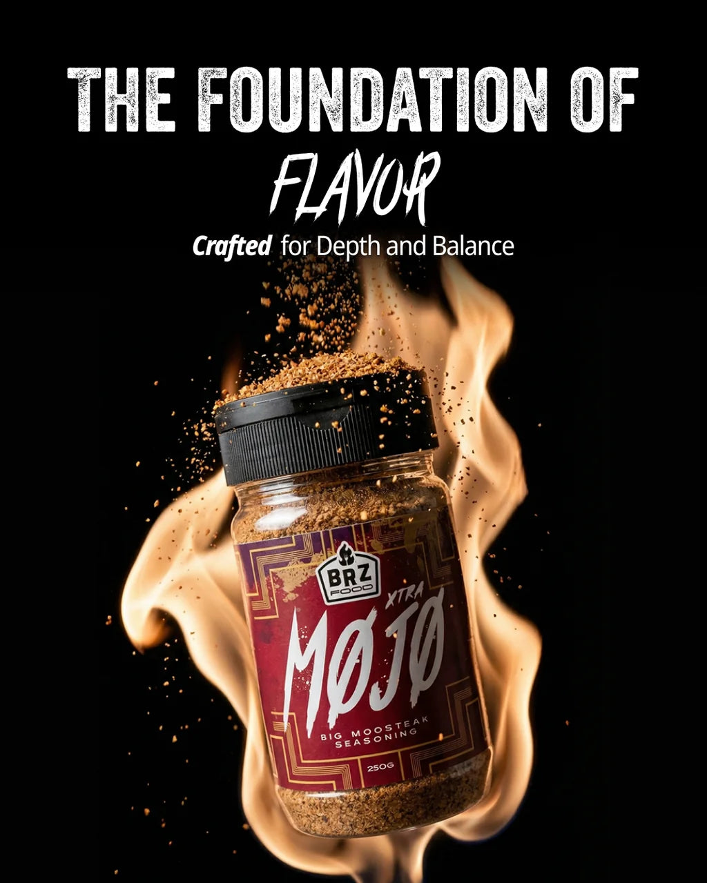 BRZ Food Xtra Mojo Steak Seasoning with garlic, cracked pepper and seasoning blend highlighting its bold savoury flavour.