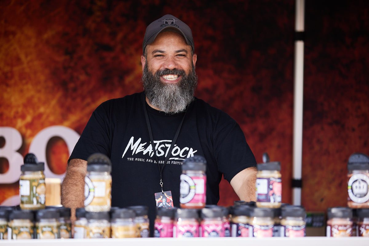 Adriano sharing his rubs at the Meatstock stand