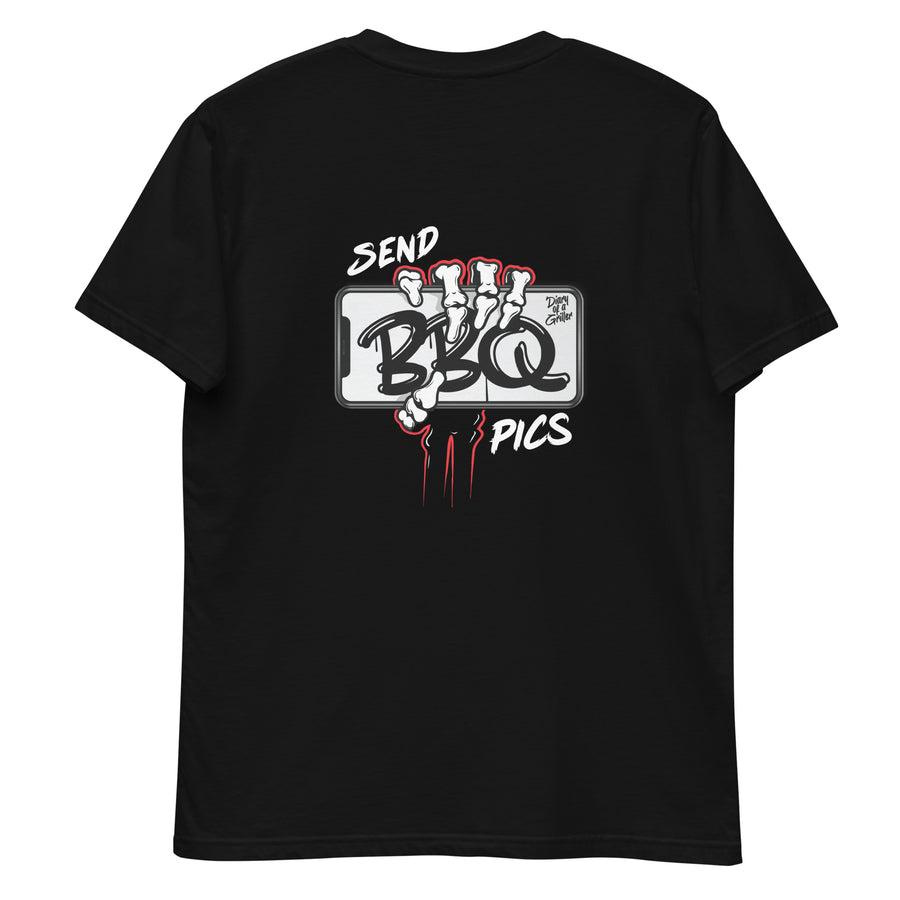 Back of the black tee laid flat, SEND BBQ PICS in chrome block letters torn by red claw marks
