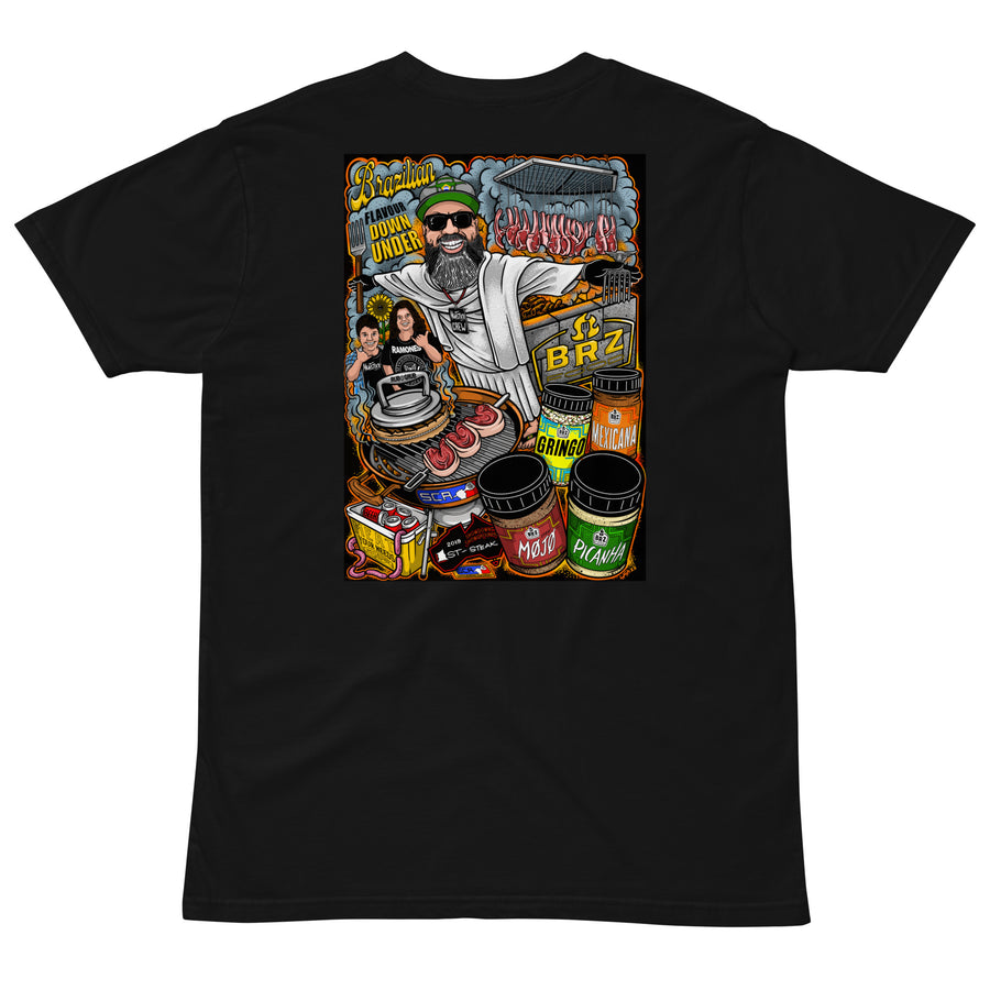 Back of the black tee laid flat, printed with a colourful illustration of a pitmaster surrounded by BRZ Food jars