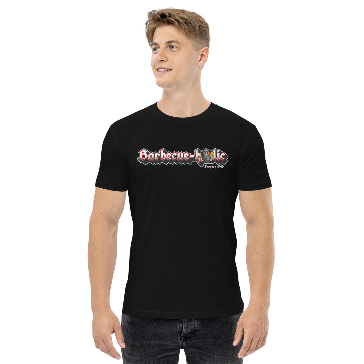 The same tee on a second wearer, front view