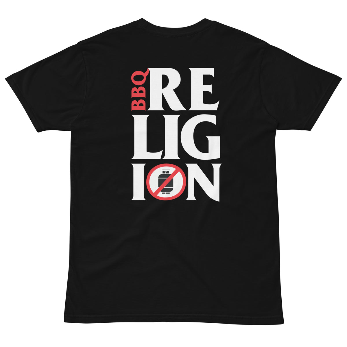 Back of the black tee laid flat, BBQ RELIGION stacked in three tall lines with a red ring around one letter