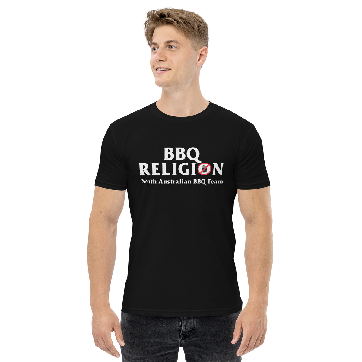 Man wearing the black tee, the BBQ Religion chest print at full size