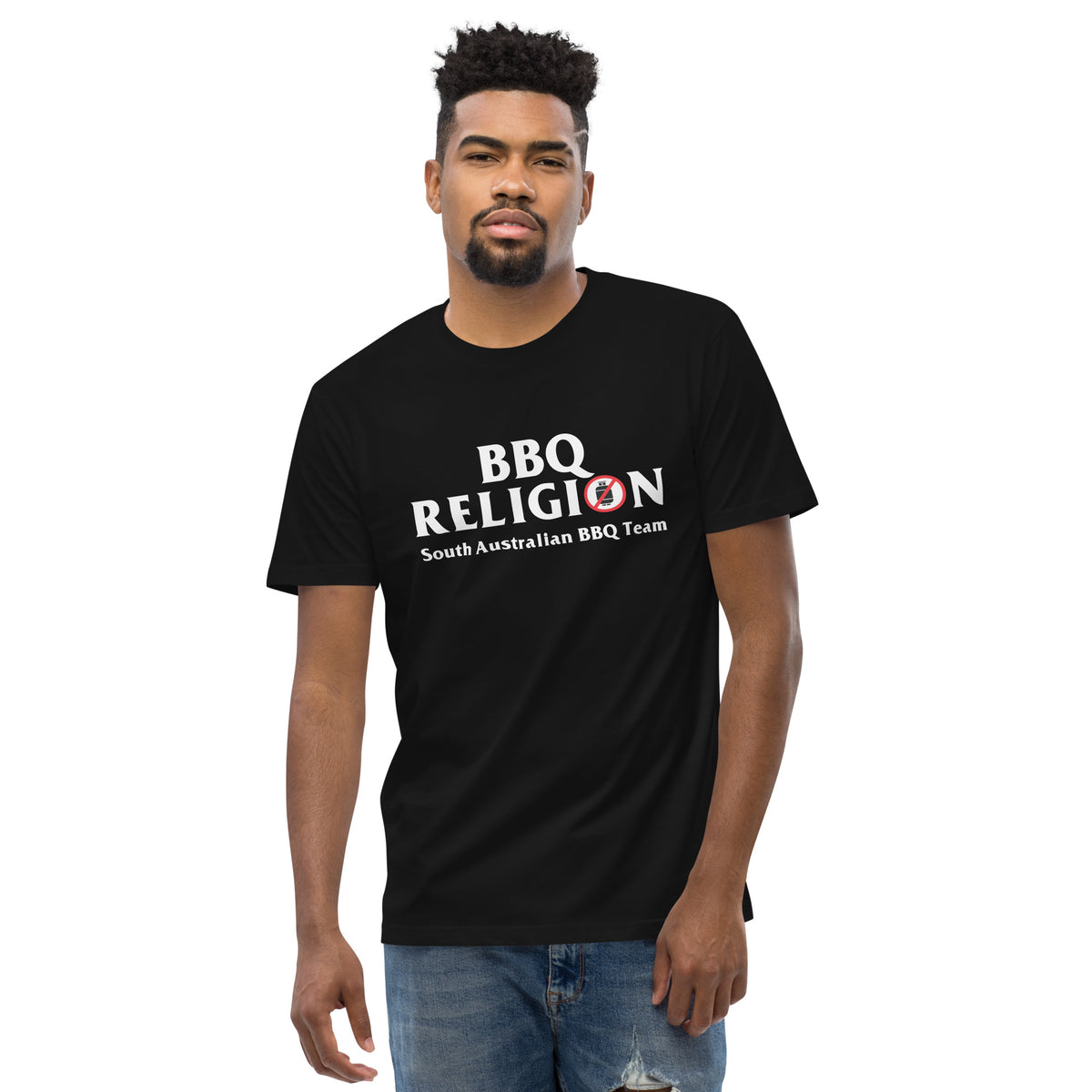 The same tee on a second wearer, front view